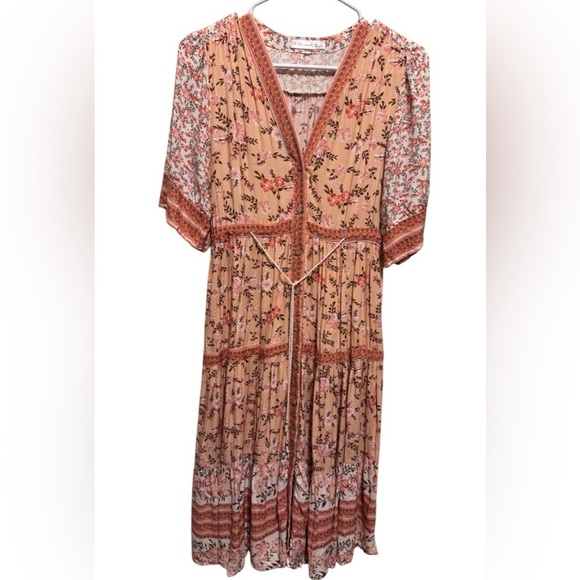 R. Vivimos Bohemian Peach Floral V-Neck Button Down Midi Summer Dress Sz S 4/6 - Picture 3 of 16
